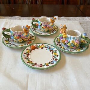 1999 Mercuries Springtime Garden lot of 3 cups and 4 saucers Whimsical Bunnies